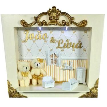 Imagem de Quadro Enfeite Porta Maternidade Cenário Led - Gemeos creme e dourado 