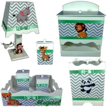 Imagem de Kit Higiene bebê Mdf decorado 7 pçs - SAFARI CHEVRON CINZA  COM VERDE 