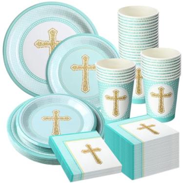 Imagem de FillTouch 24 Set Baptism Plates and Napkins Blue Baptism Party Supplies Decorations for Girls First Communion Plates Napkins and Cups Religious Christening Confirmation Baby Shower for 24 Guests