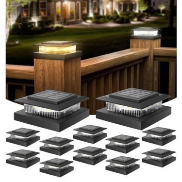 Imagem de APONUO Luzes solares com tampa de poste para postes de cerca 4 x 4, IP64 à prova d'água, LED para uso externo, deck, jardim, pátio, quintal, luzes com 2 modos, ligar/desligar automático, resistente às