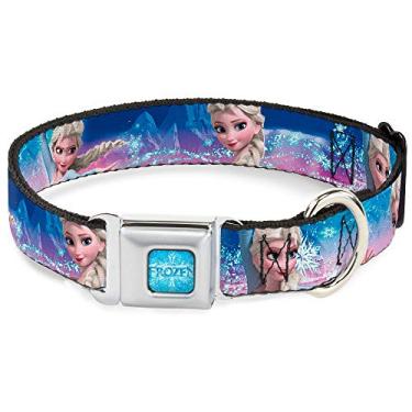 Imagem de Buckle-Down Coleira para cães com fivela de cinto de segurança - Elsa a rainha da neve poses/castelo e montanhas nevadas azul-rosa desbotamento - 3,8 cm de largura - serve para pescoço de 33-45,7 cm -