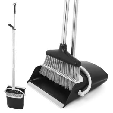 Imagem de Conjunto de vassoura e pá de lixo com cabo longo, design vertical em pé, combinação de limpeza interna e externa, preto e cinza