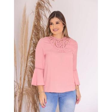 Imagem de Blusa Crepe Feminina Manga Longa 3/4 com Gola Rendada e Manga Sino Cas