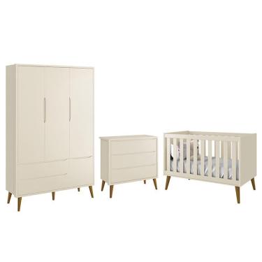 Imagem de Dormitório Infantil Theo Retrô 3 Portas, Cômoda e Berço com Pés Amadeirado - Reller Móveis Areia Fosco
