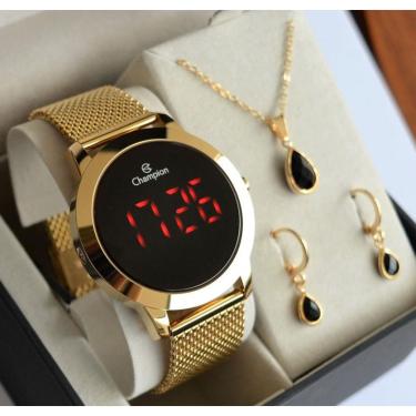 Imagem de Relogio Champion Dourado Digital Redondo Led Vermelho CH40106H + Kit Semi Joia