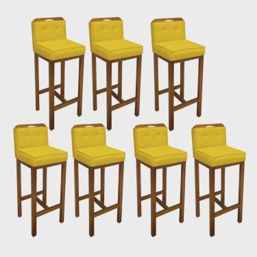 Imagem de Kit 07 Banqueta Alta Com Encosto Agnes Cozinha Balcão Bistrô Base Madeira Castanho Suede Amarelo - Ahz Móveis