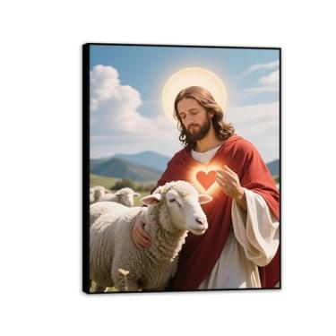 Imagem de Arte de parede em tela de Jesus e Cordeiro, imagem do Sagrado Coração de Jesus e Cordeiro, Impressão de Pôster Rei Leão Cristão Jesus Pintura Religiosa Arte Igreja Decoração de Parede Imagens 50x40 cm