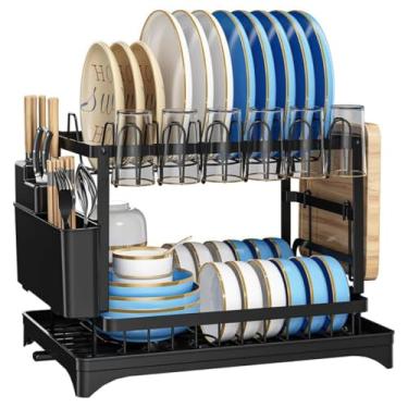 Imagem de Escorredor de Louças Duplo - Organizador de Cozinha com 2 Andares, Prateleira de Aço Inoxidável, Dreno e Suporte para Talheres, Grande, Preto