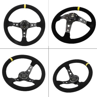 Imagem de Volante de Corrida Automotivo Universal de 35 Cm / 14 Polegadas Com Buzina Vermelho Azul Amarelo Estrutura de Alumínio de Reposição de Couro Coberto Confortável (Amarelo)