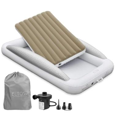 Imagem de Colchão inflável de ar para crianças Eltow com para-choque de segurança – Portátil, Cama de viagem moderna, berço para crianças – Perfeito para viagens, acampamento – Colchão removível, bomba de alta velocidade e bolsa de viagem incluídas