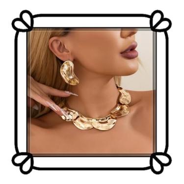 Imagem de DIONFEI Conjunto de colar e brinco em tom dourado pesado, joias femininas modernas com design de metal martelo, Metal, Sem Pedra Preciosa