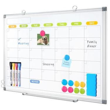 Imagem de Quadro branco com calendário apagável WALGLASS seco para parede, quadro branco magnético WALGLASS 91 cm x 61 cm, calendário mensal apagável a seco com moldura de alumínio prateado, placa portátil para