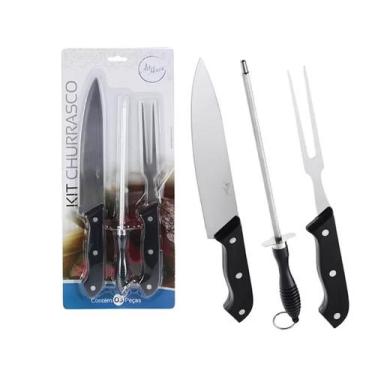 Imagem de Kit Churrasco 3 Peças Faca Garfo Chaira Aço Inox Cozinha - Art House