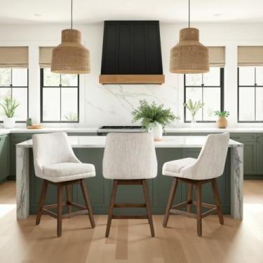 Imagem de Armen Living Banqueta giratória Branson Brown estofada de madeira maciça 66 cm de altura com assento de tecido bege - conjunto de 3