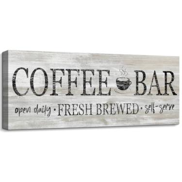 Imagem de pureluca Arte em tela Farmhouse Coffee Bar para decoração de cozinha, placas de café vintage, abertas, diariamente, frescas, preparadas, self-service, decoração de parede rústica para cafeteria, canto