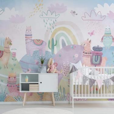 Imagem de Papel de Parede Quarto Menina Lhamas Tons Claros Painel 9m²