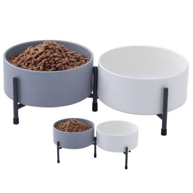 Imagem de Conjunto de tigelas de cerâmica para cães de 946 ml para comida e tigela de água, tigela elevada para cães com suporte e tapete de metal, pratos de alimentação antiderrapante para cães e gatos de tamanho médio, conjunto de 2 (branco e cinza)