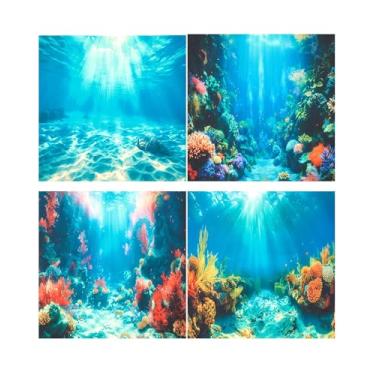 Imagem de Mindsoft Pacote com 4 peças de poliéster fundo de aquário 11,8 x 11,8 polegadas pano de fundo de aquário corais submarinos luz do sol rocha plantas aquáticas papel de parede com fita dupla face