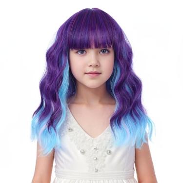 Imagem de Edivd Peruca Azul Mista Roxa Para Crianças, Curta, Arco-Íris, Com Franja De Ar, Meninas, Coloridas, Onduladas, Cacheadas, Infantil, Touca Sintética Resistente Ao Calor