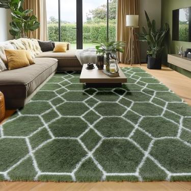 Imagem de ONASAR Tapetes de área para quarto, sala de estar, tapete lavável, 10 x 15 cm, verde oliva e branco, tapete geométrico desgrenhado para decoração de casa, tapete felpudo macio para berçário