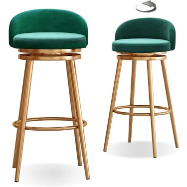 Imagem de Conjunto De 2 Bancos De Bar De Cozinha Cadeiras De Bar Giratórias De 360° Com Assento Estofado Macio, Pernas De Metal Carrega Até 200kg, 65cm, Green, Gold