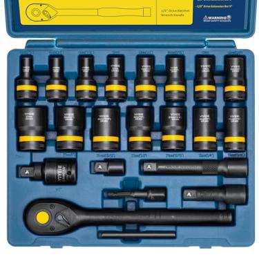 Imagem de YIYEIE Conjunto de soquete extrator de porca de parafuso de 22 peças, kit de remoção de trava de roda de tração de 1/5.1 cm com chave catraca, ferramenta de remoção de porca de trava para parafusos