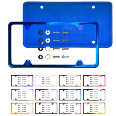 Imagem de Protetor traseiro de silicone Quatro Furos Slim Placa de Licença Combo Espelho Azul Cromado Galvanoplastia Universal Fit Alumínio Parafuso na Tampa, T304 Aço Inoxidável, À Prova de Ferrugem à Prova de Clima (Qtd: 1 Moldura)