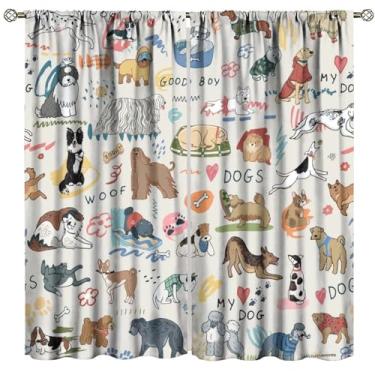 Imagem de Cortinas de cachorro, desenho animado engraçado animal infantil cortinas quarto sala de estar cozinha janela tratamento conjunto 2 painéis tamanho total 107 cm L x 114 cm C polegadas