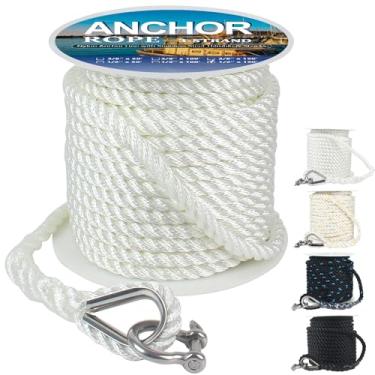Imagem de Corda de âncora 45 m x 1/5.1 cm, linha de âncora de nylon torcido de 3 fios, corda de barco com dedal de aço inoxidável e manilha para passeios de barco, ancoragem, amarração e tração (branca)