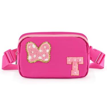 Imagem de Pochete com laço com letra inicial de chenille, bolsa tiracolo impermeável para parque, presentes de aniversário de Natal para adolescentes, meninas, mulheres, crianças, adultos, bolsa de cinto fofa