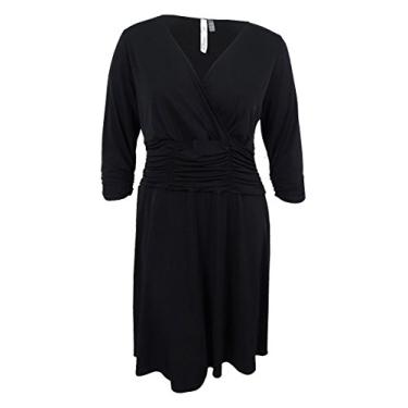 Imagem de NY Collection Vestido feminino plus size liso Ity decote V manga 3/4 Bslim com franzido na cintura, Preto, 1X
