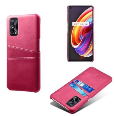 Imagem de Capas Compatível com OPPO Realme X7 PRO,tampa protetora de couro falso,design de saco de cartão com 2 fendas de cartão atrás,proteção anti-impressão digital e anti-gota-Rose Red