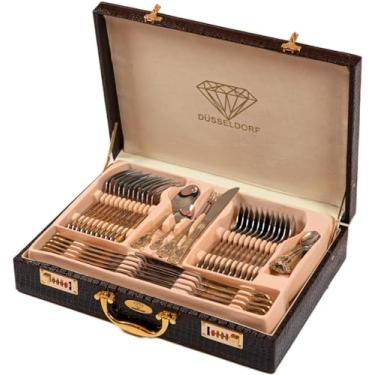 Imagem de Faqueiro de Aço Inox Dourado, Faqueiro 84 Peças, Design Alemão, Banhado a Ouro 24K, com Maleta Exclusiva de Couro, Kit Completo de Talheres para Jantar e Grandes Recepções