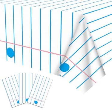 Imagem de Pacote com 3 toalhas de mesa de plástico de papel para caderno, 137 x 272 cm, capas de mesa retangulares descartáveis com tema escolar para decoração de volta às aulas, apreciação de professores, sala