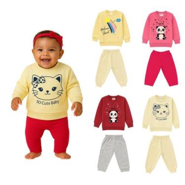 Imagem de Kit 2 Conjuntos de Moletom Bebê Infantil Frio Inverno Estampado Cores 