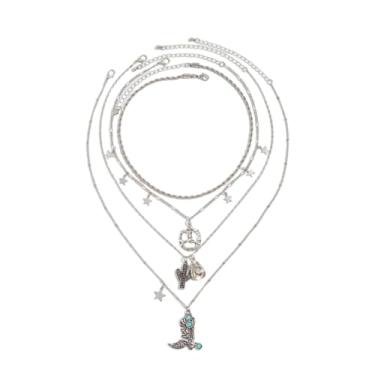 Imagem de Todu Colar ocidental feminino cowboy botas de vaqueira chapéu turquesa pingente colar vintage étnico western country joia, Zinco, Sem Pedra Preciosa