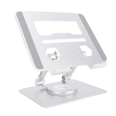 Imagem de Fockety Suporte para tablet, suporte ajustável para tablet com base giratória de 360°, suporte dobrável de liga de alumínio para tablets de 5,8 a 12,9 polegadas, telefones (Prata)