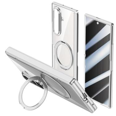 Imagem de POYUFRG Capa magnética para Samsung Galaxy Z Fold 7, capa protetora de dobradiça transparente com revestimento giratório com suporte de anel de metal giratório, branca, Z Fold 7