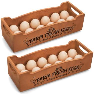 Imagem de YOUEON Porta-ovos de madeira para bancada, caixas empilháveis de 2 camadas para 24 ovos com alça, caixa de armazenamento de ovos rústicos de madeira de pinho de fazenda com estampa "Farm Fresh Eggs