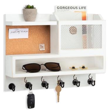 Imagem de FIPUTE Porta-chaves e correio para decoração de parede, correio e organizador de chaves com cesta e quadro de cortiça, decoração de casa montado na parede para entrada de quarto (C) (branco)