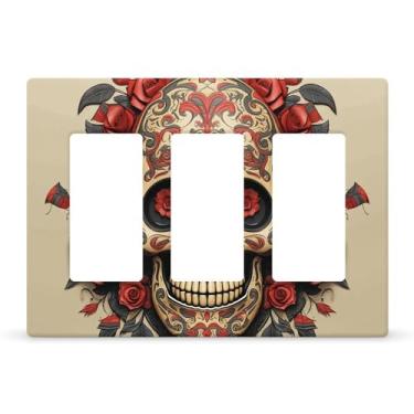 Imagem de Placa de parede decorativa 2 gangs placa de parede dupla placa de parede vermelha rosa açúcar caveira borda capas de tomada capa de interruptor de luz placa de parede decorativa 12,7 cm x 7,6 cm