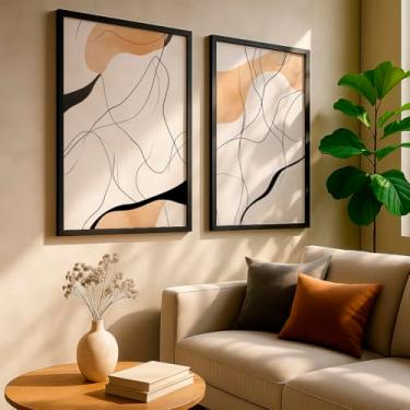 Imagem de Kit 2 Quadros Decorativos Folhas Tropicais Verde Bege Natureza Orgânico Minimalista Parede Com Moldura