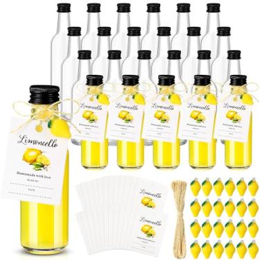 Imagem de LemonRoad 24 conjuntos de garrafas de vidro Limoncello de 50 ml, pequenas garrafas de licor transparentes vazias com etiquetas, mini pingentes de limão de resina, corda para presentes caseiros de