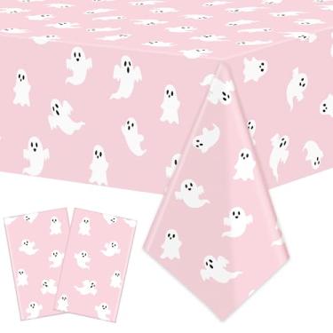 Imagem de Augisteen Pacote com 2 toalhas de mesa de plástico para Halloween, 137 x 274 cm, toalhas de mesa descartáveis com tema de fantasma rosa, capas de mesa retangulares para casa, ambientes internos e