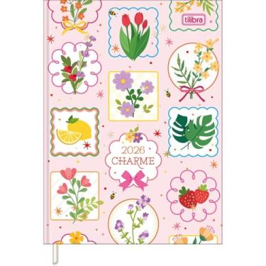 Imagem de Tilibra - Agenda Costurada Diária 12,3 x 16,6 cm Charme 2026 - Flores - fundo rosa