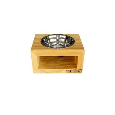 Imagem de Comedouro Elevado Individual De Madeira Com Pote Inox para Gatos E Cachorro Pequeno Porte - Natural
