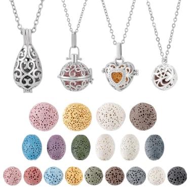 Imagem de PH PandaHall 4 unidades de colar difusor de óleo essencial pingente de medalhão de aromaterapia com colar de aço inoxidável e 26 peças de refil de contas redondas de pedra vulcânica para mulheres