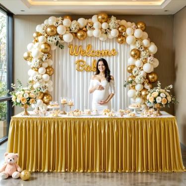 Imagem de Wish Care Saia de mesa dourada de cetim de 2,7 m para mesas retangulares, sem rugas, com glitter, toalha de mesa plissada, para casamento, aniversário, formatura, coquetel, buffet, decoração de mesa