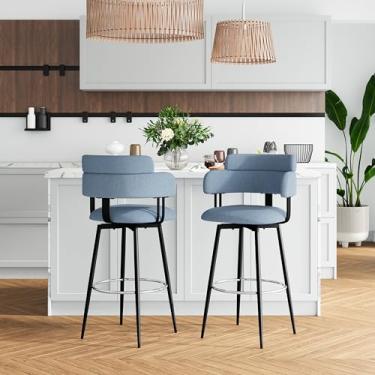 Imagem de GREHOME Conjunto de 2 bancos de bar giratórios, 76 cm, encosto ergonômico, bancos de bar estofados de tecido de linho com pés de metal cromados para ilha de cozinha e sala de jantar, azul