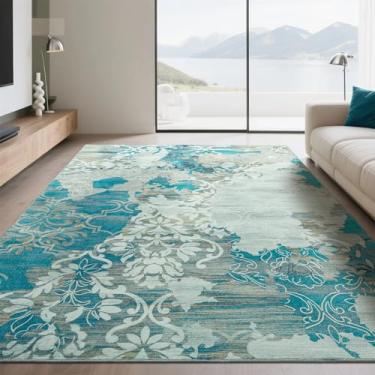 Imagem de Przemy Tapetes laváveis para sala de estar, 15 x 23 cm, tapete antiderrapante vintage para dormitório, sala de jantar, berçário, escritório, sala de jogos, azul e branco